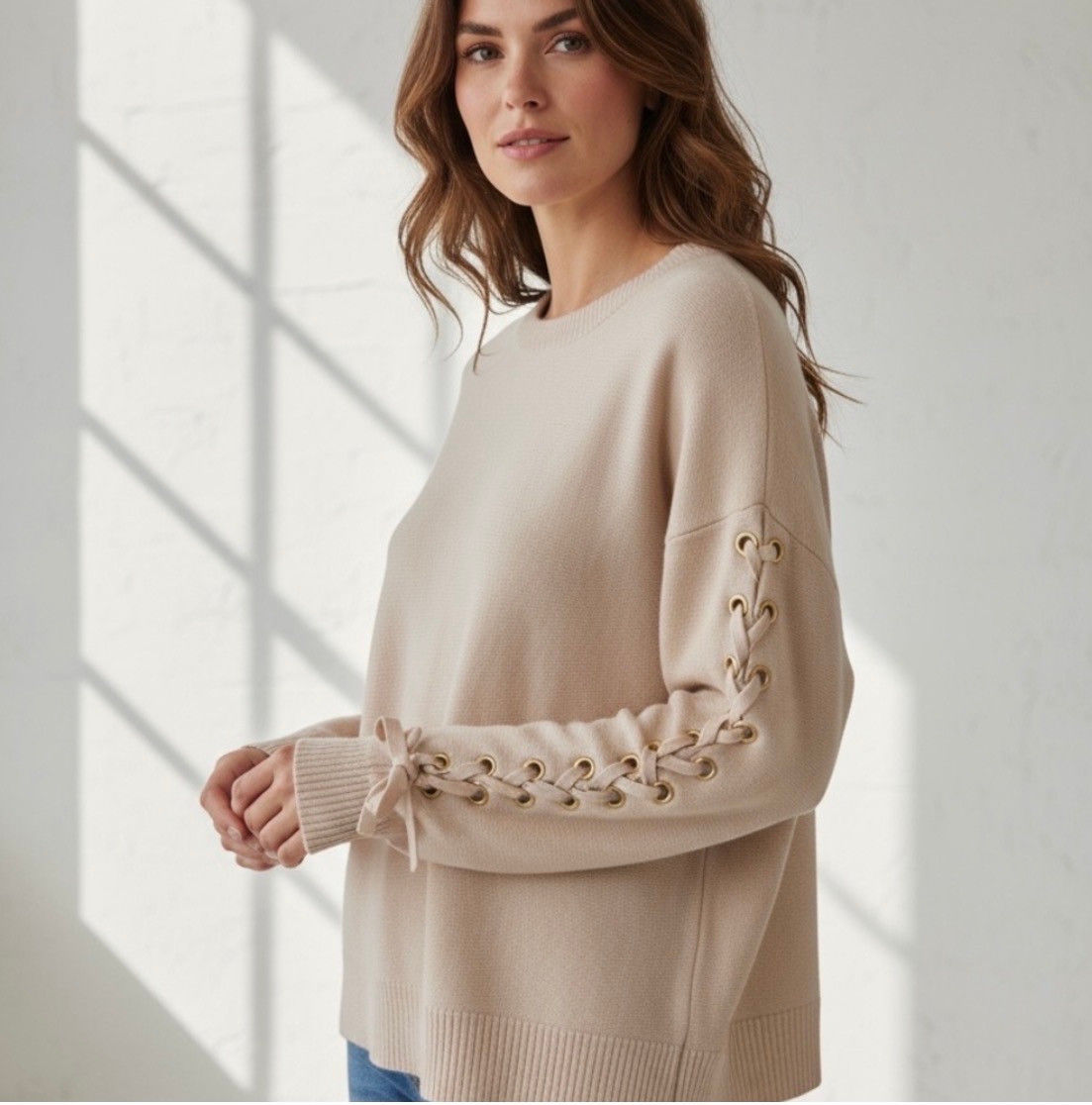 Elie Tahari ivory lace-up sleeve sweater styled view
