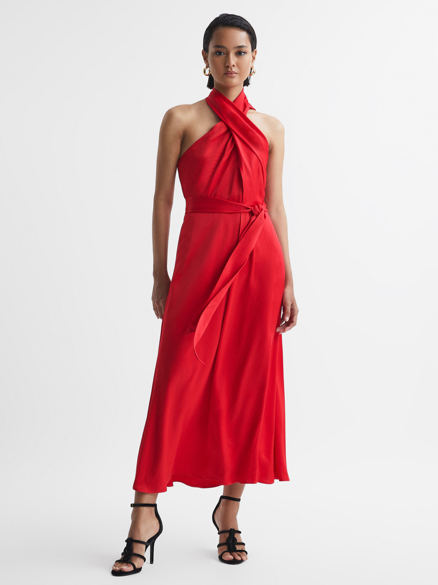 Vida Satin Halter Neck Tailored Midi Dress / Size 10