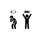 Icon comparing a fatigued person with a low battery to a revitalized person with a full battery; our Llandysul massage therapy helps boost immune function and energy levels through professional relaxation techniques.