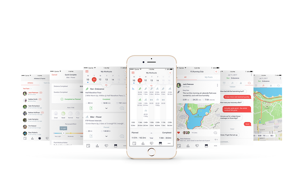 Cascade of smartphone screens displaying various Final Surge app features, including training calendars, data analytics, and communication tools.