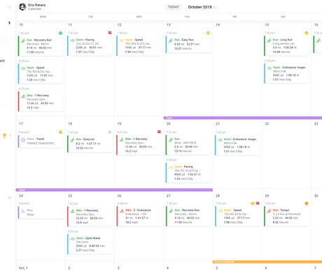 Screenshot of a digital calendar view in a training app, showcasing a tailored running plan synced directly to a smart device.