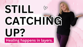 Shelley Beyer stands gently shrugging with a soft, knowing expression against a pink watercolor background. The words “Still Catching Up?” and “Healing happens in layers.” appear beside her. This thumbnail visually reflects the emotional disconnection many women feel during breast reduction recovery, especially when the body heals faster than the heart.