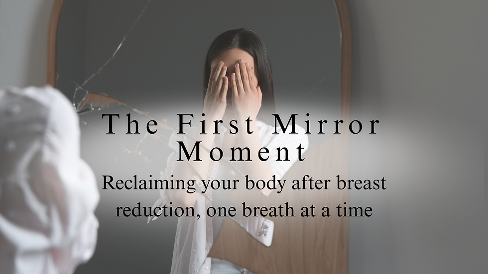 A woman stands in front of a cracked mirror, covering her face with her hands, symbolizing the emotional tenderness of breast reduction recovery and self-image.