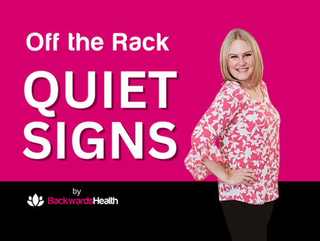 Shelley Beyer smiles while standing on a bold magenta background with the words “Off the Rack Quiet Signs” featured in large white letters. Backwards Health logo appears at the bottom.