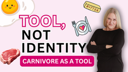 Shelley Beyer stands confidently with folded arms beside playful images of butter, steak, and eggs on a soft pink background, under the text “Tool, Not Identity – Carnivore as a Tool.” The image represents empowered breast reduction recovery and balanced healing through nourishment.