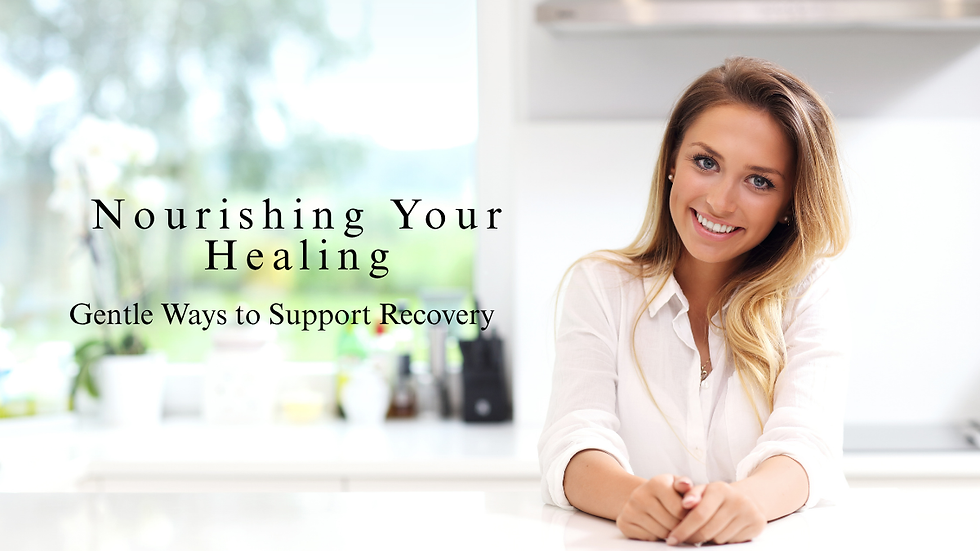 A soft, welcoming photo of a smiling woman in a white shirt at a bright, calm kitchen counter, paired with the text “Nourishing Your Healing — Gentle Ways to Support Recovery,” reflecting a peaceful breast reduction healing journey.