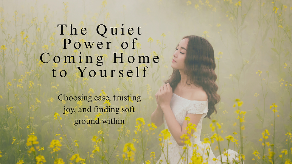 A serene woman in a white dress stands peacefully among yellow wildflowers in a foggy field, eyes closed in calm reflection.