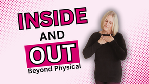 Shelley Beyer stands with eyes closed, one hand over her heart, against a soft pink background with bold comic-style text reading ‘Inside and Out: Beyond Physical,’ symbolizing reflection and breast reduction recovery.