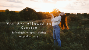 A woman standing in a wild grass field at golden hour, holding flowers and looking up with a soft, open posture; text reads “You Are Allowed to Receive — Softening into support during surgical recovery,” visually representing the emotional experience of breast reduction recovery.