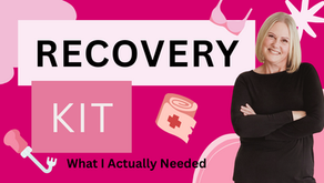 Shelley Beyer smiles with arms crossed on a bold pink background featuring illustrations of a bra, grabber tool, bandage, and circular pad. The text reads: “RECOVERY KIT” with a subtitle: “What I Actually Needed.”