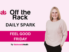Shelley Beyer smiling next to the Off the Rack Daily Spark graphic with the text “Feel Good Friday” — promoting an episode about emotional support in breast reduction recovery.