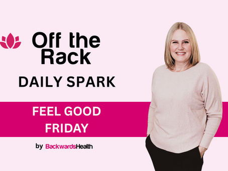 Shelley Beyer smiling next to the Off the Rack Daily Spark graphic with the text “Feel Good Friday” — promoting an episode about emotional support in breast reduction recovery.