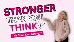 Shelley Beyer stands smiling with a hand raised in a playful, confident pose, wearing a soft blush sweater. Large bold text reads “STRONGER THAN YOU THINK,” with the word “THINK” in bright pink beside a hand-drawn heart. A banner below says, “This Took Real Strength.” The background has a dotted pink gradient, giving it a powerful, encouraging tone. The image conveys inner strength and resilience, especially for women healing from breast reduction surgery.