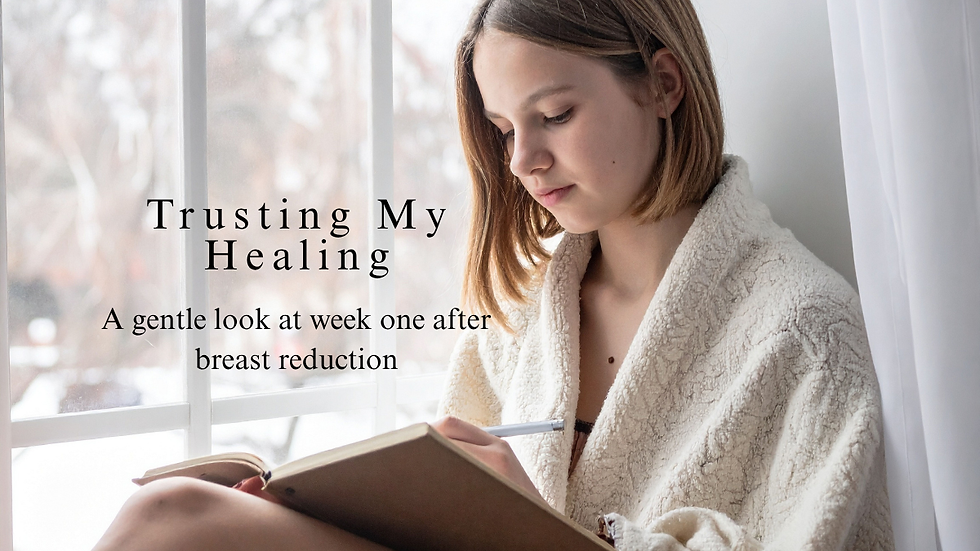 A calm, softly lit photo of a woman in a cozy ivory robe, journaling by a bright window, reflecting on her breast reduction recovery journey with peaceful focus.
