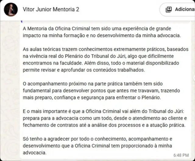 Print do depoimento de Vitor Júnior