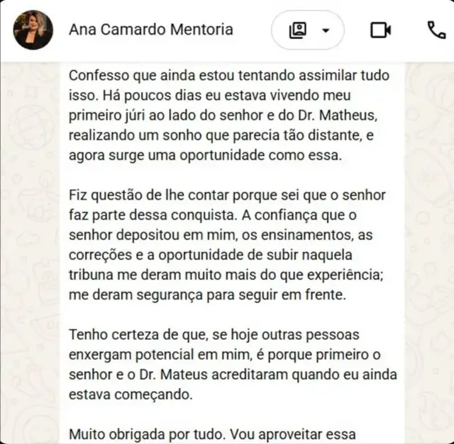 Print do depoimento de Ana Camargo