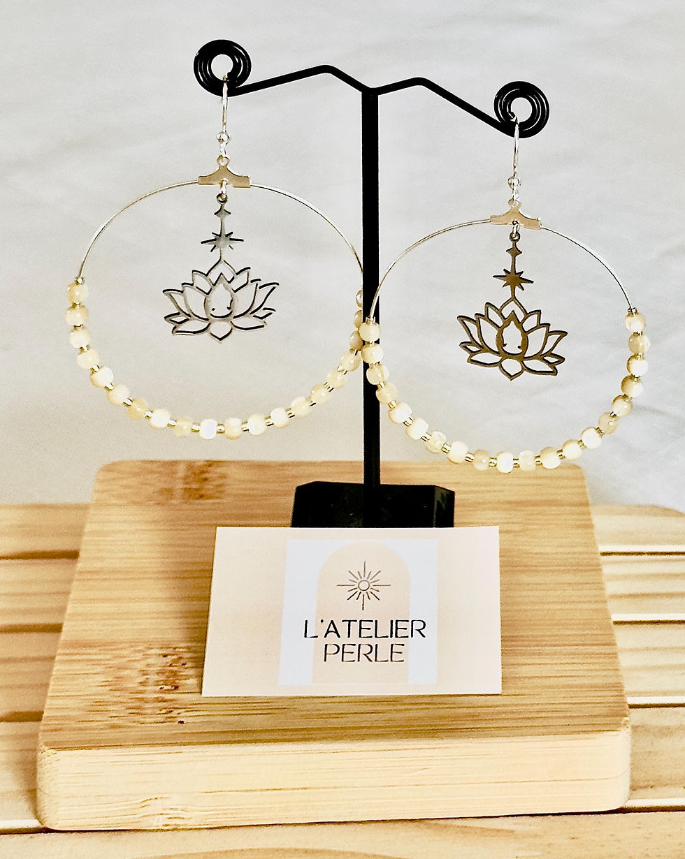 Mother of Pearl Beaded Loop Earrings with Lotus Charm - Yoga Lover's Dream!