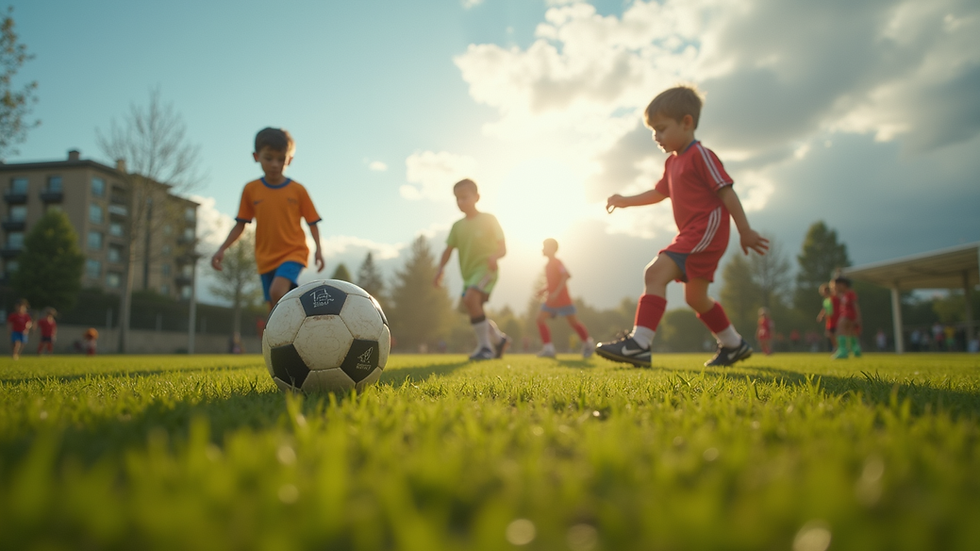 Eye-level view of a soccer field with children playing