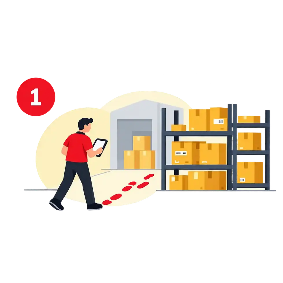 Warehouse worker with phone and boxes.webp