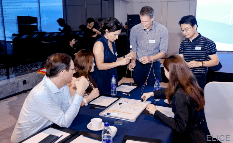 (From left) The marshmallow challenge with Dr. Henner Kampwerth, Dr Rong Deng, Dr. Parisa H. Abadi, Ian Thomas, Jianbo Bai, and (bottom right) Aubrey Huang.
