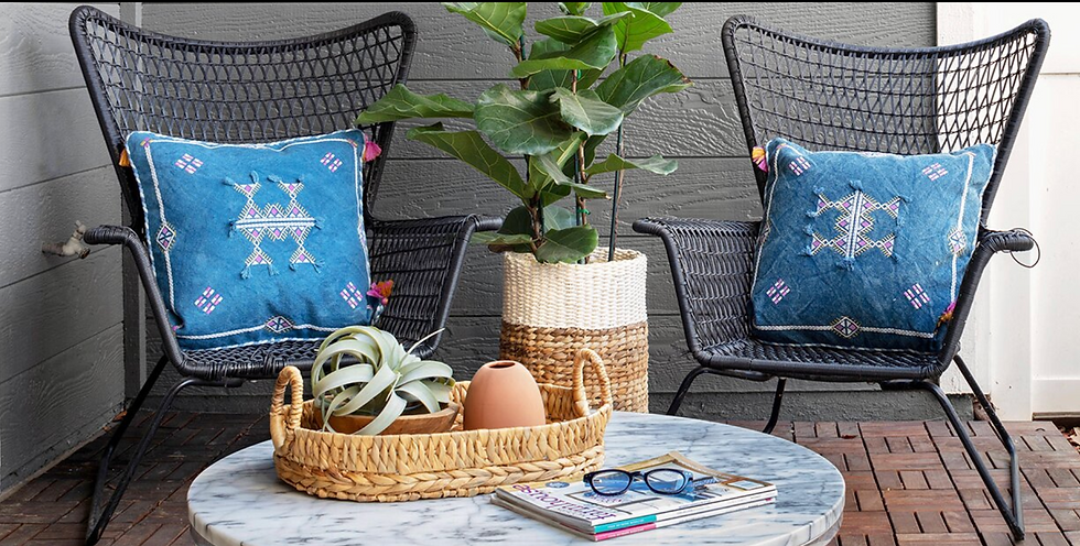 2 chairs with blue cushions
