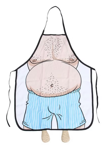 Funny hanging dad bod apron with exposed belly and dangling gag design for embarrassing Father’s Day gifts, BBQ humor, and novelty kitchen fun