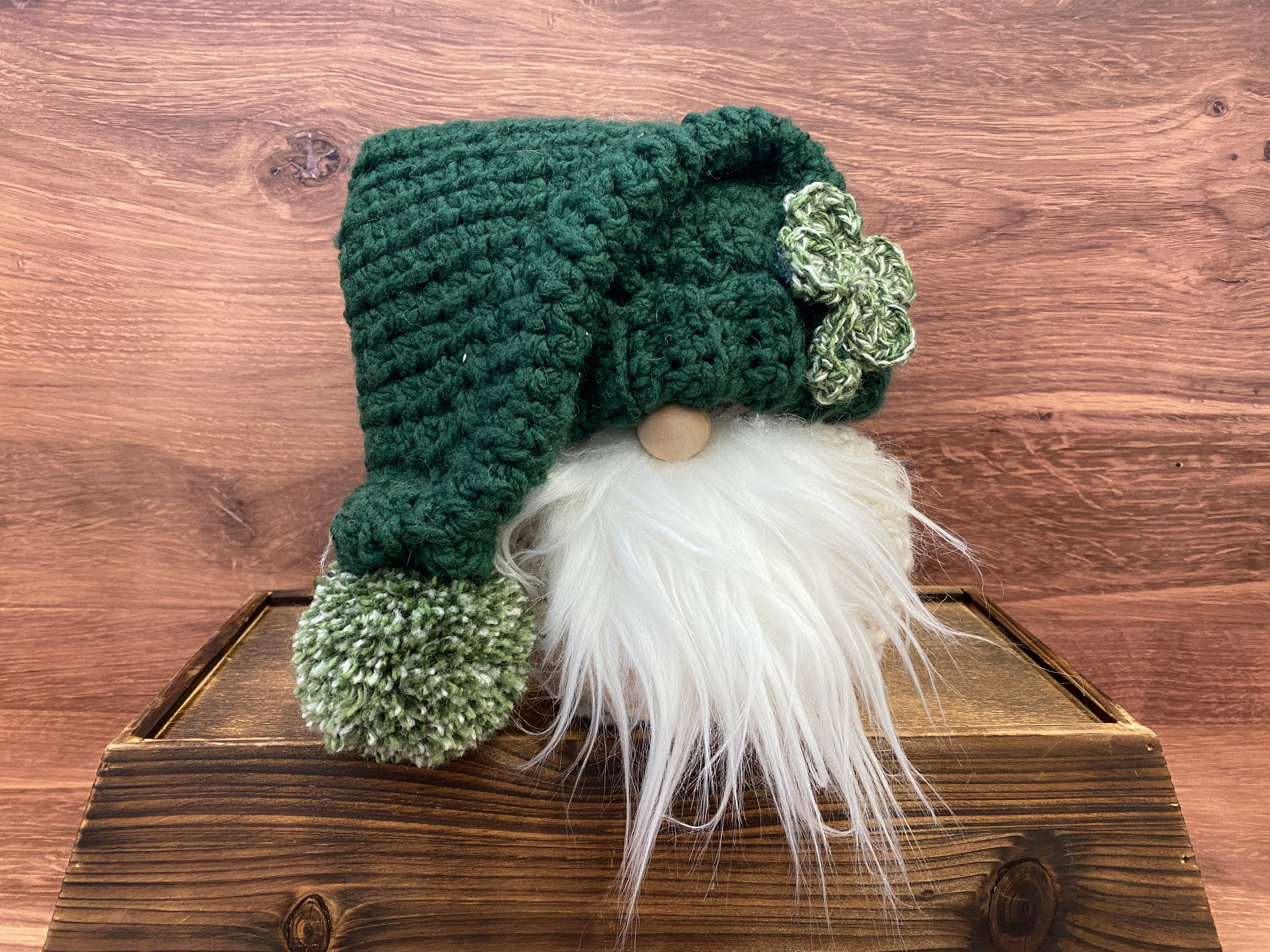 St. Patrick's Day themed crocheted gnome