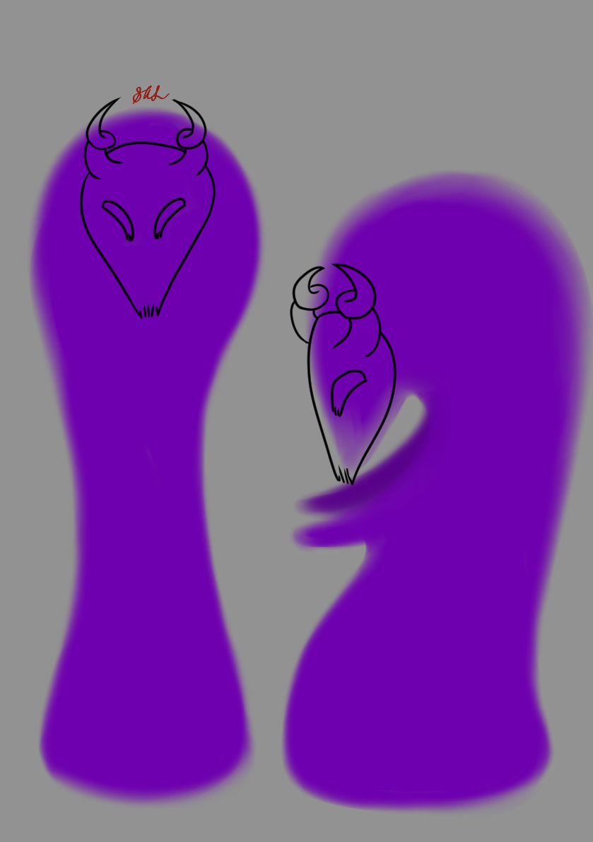 A UPA styled character that is formed mostly of a large purple shape with a mask made purely of black lines.