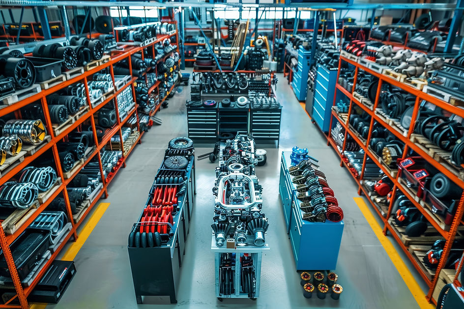 Almacén industrial con estantes llenos de piezas mecánicas