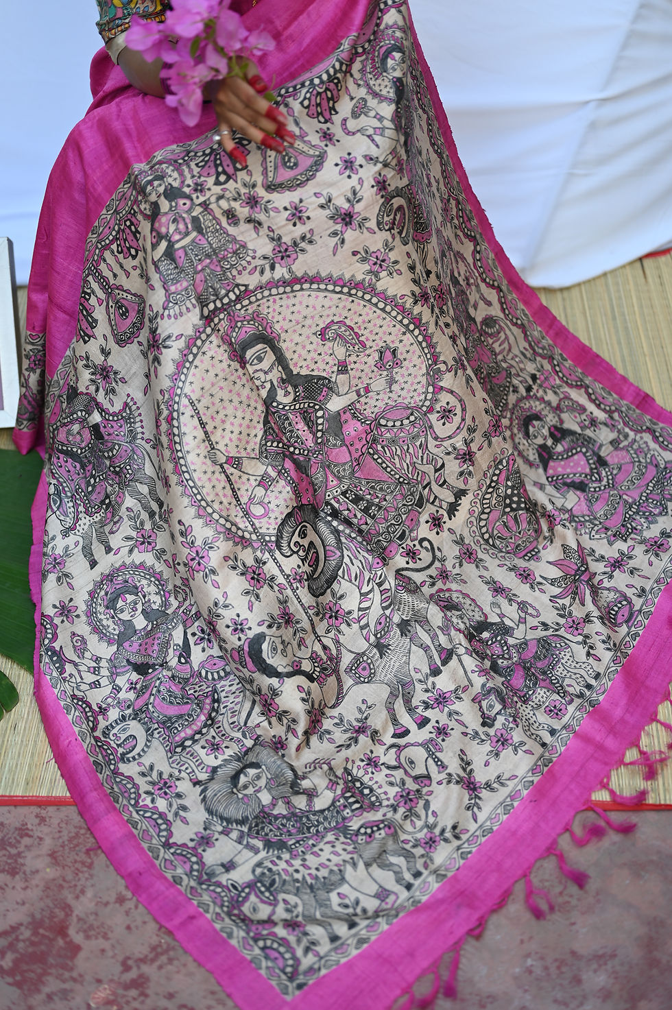 Thumbnail: Sarvamangla :Maa Durga Handpainted Madhubani Tussar silk saree with 9 avartars