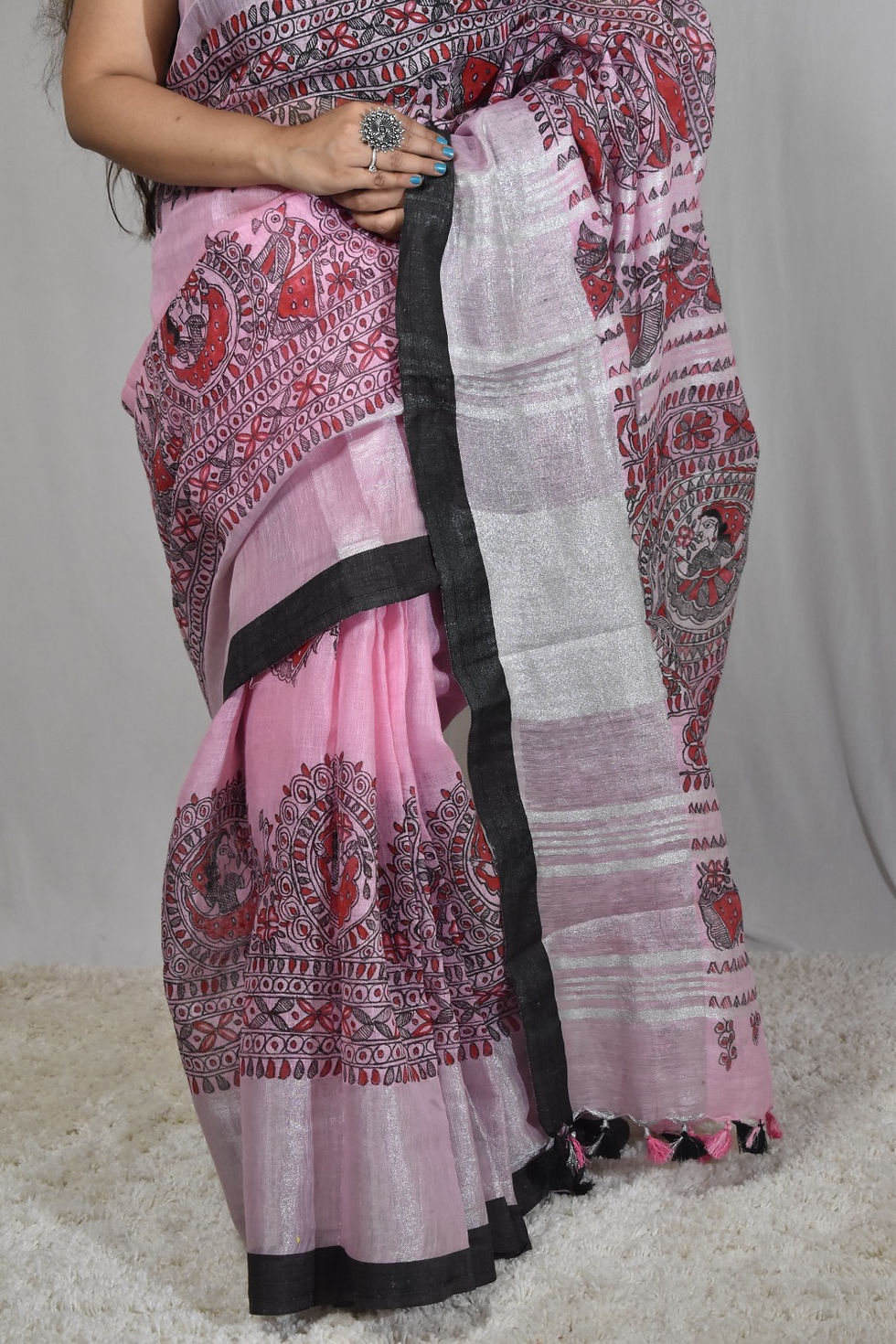 Thumbnail: Alexis : Pink & Black Handpainted Linen Saree with Silver Zari Border