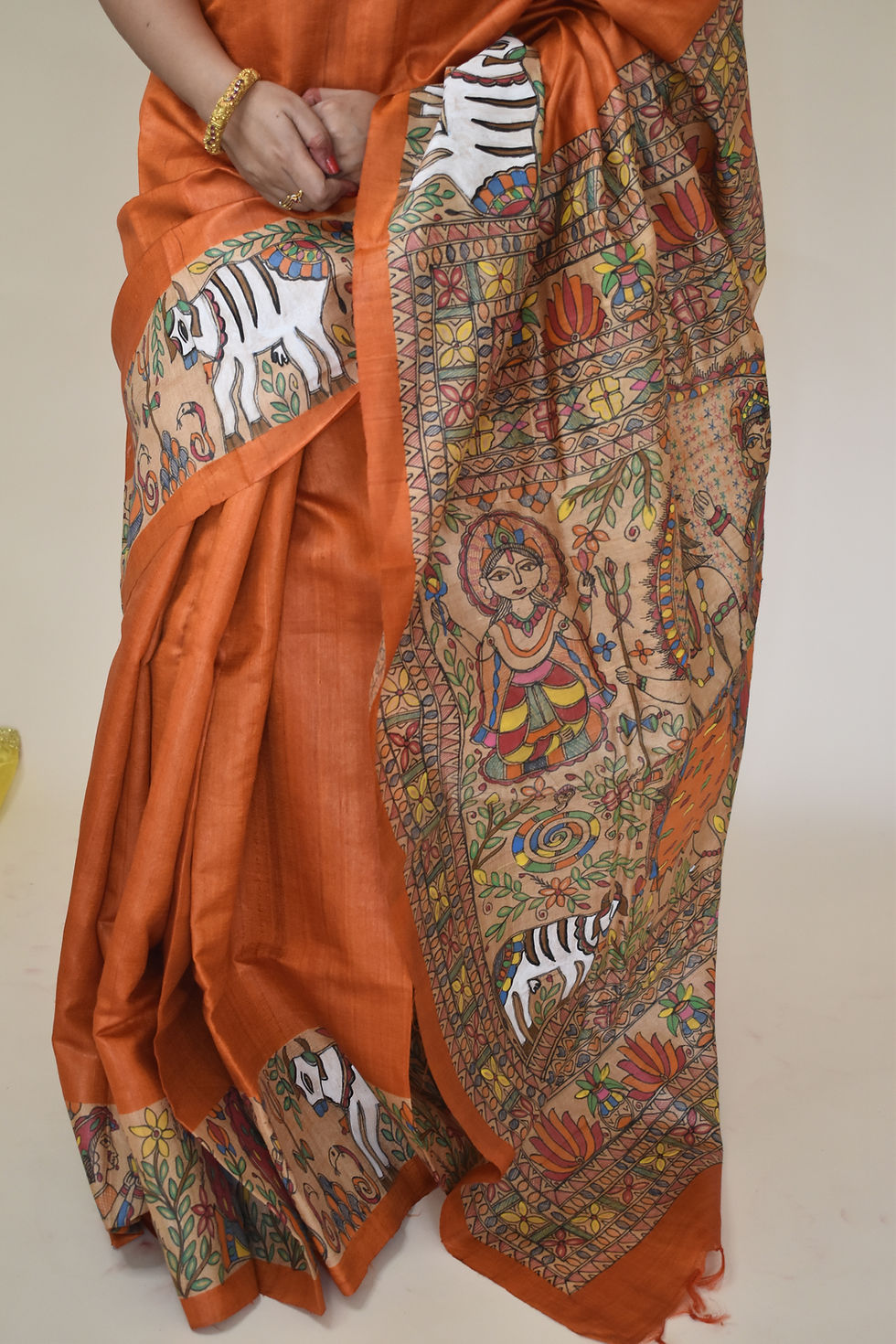 Thumbnail: Kushmanda: Shiv, Parvati,Karthikeya, Ganesha handpainted tussar silk saree