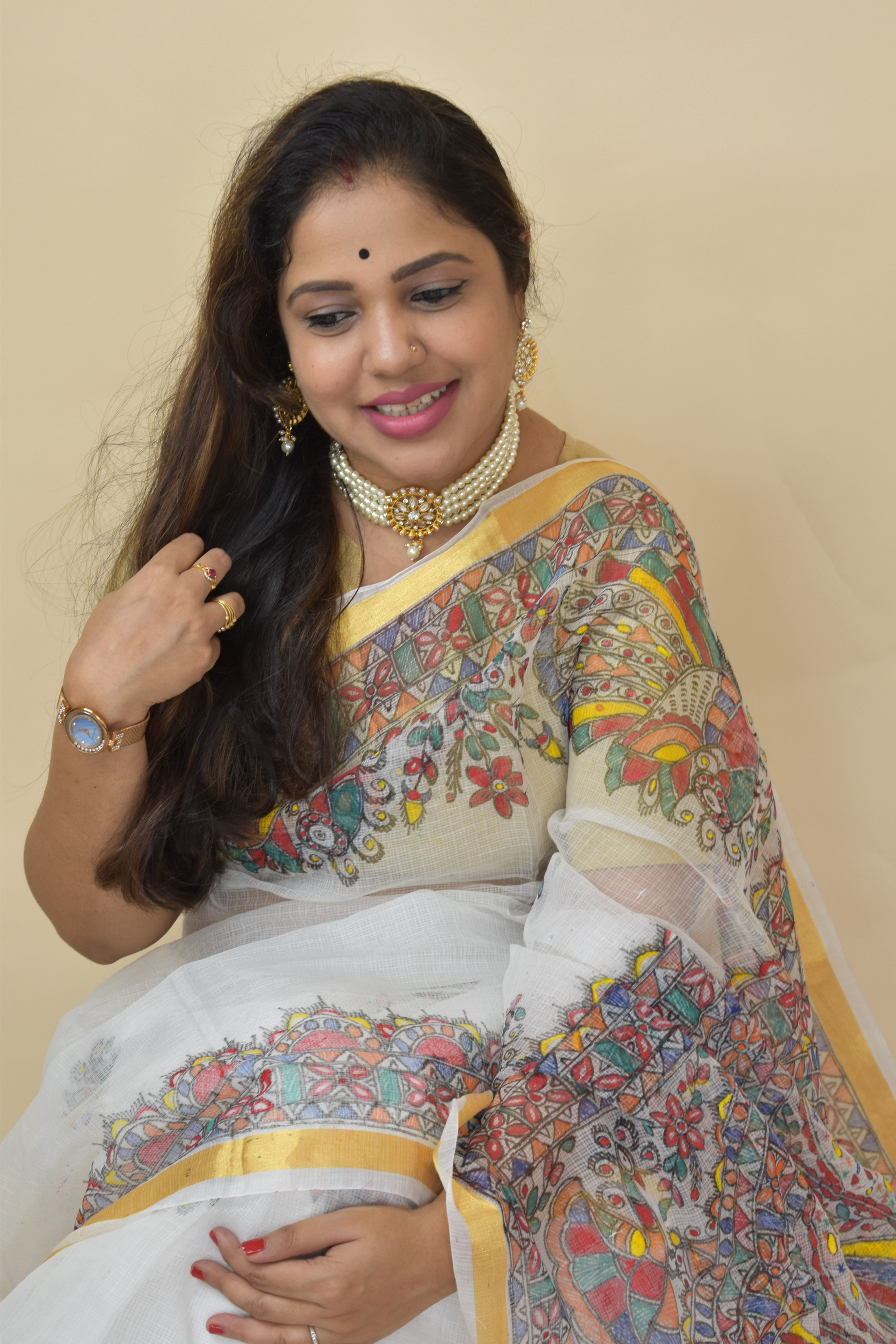 Snow White : Handpainted Madhubani 'Mayur Leela' Cotton Kota Doria Saree