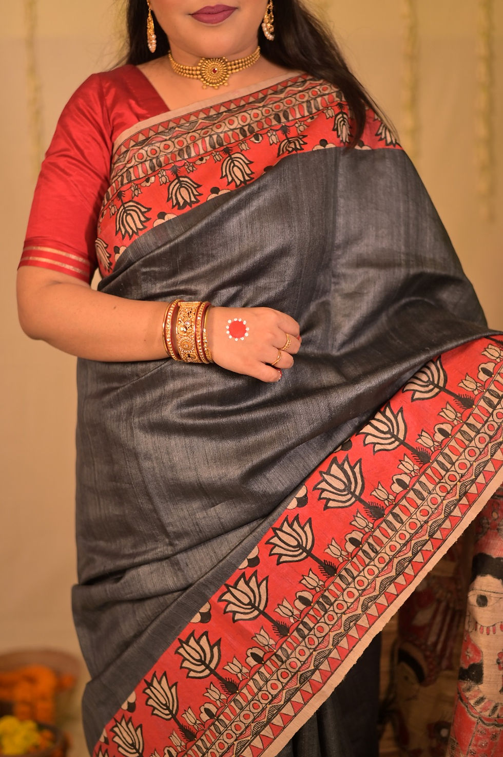 Thumbnail: Geetanjali ‘Gaja Vijaya’ Maa Durga Madhubani Handpainted Tussar Silk Mark Saree