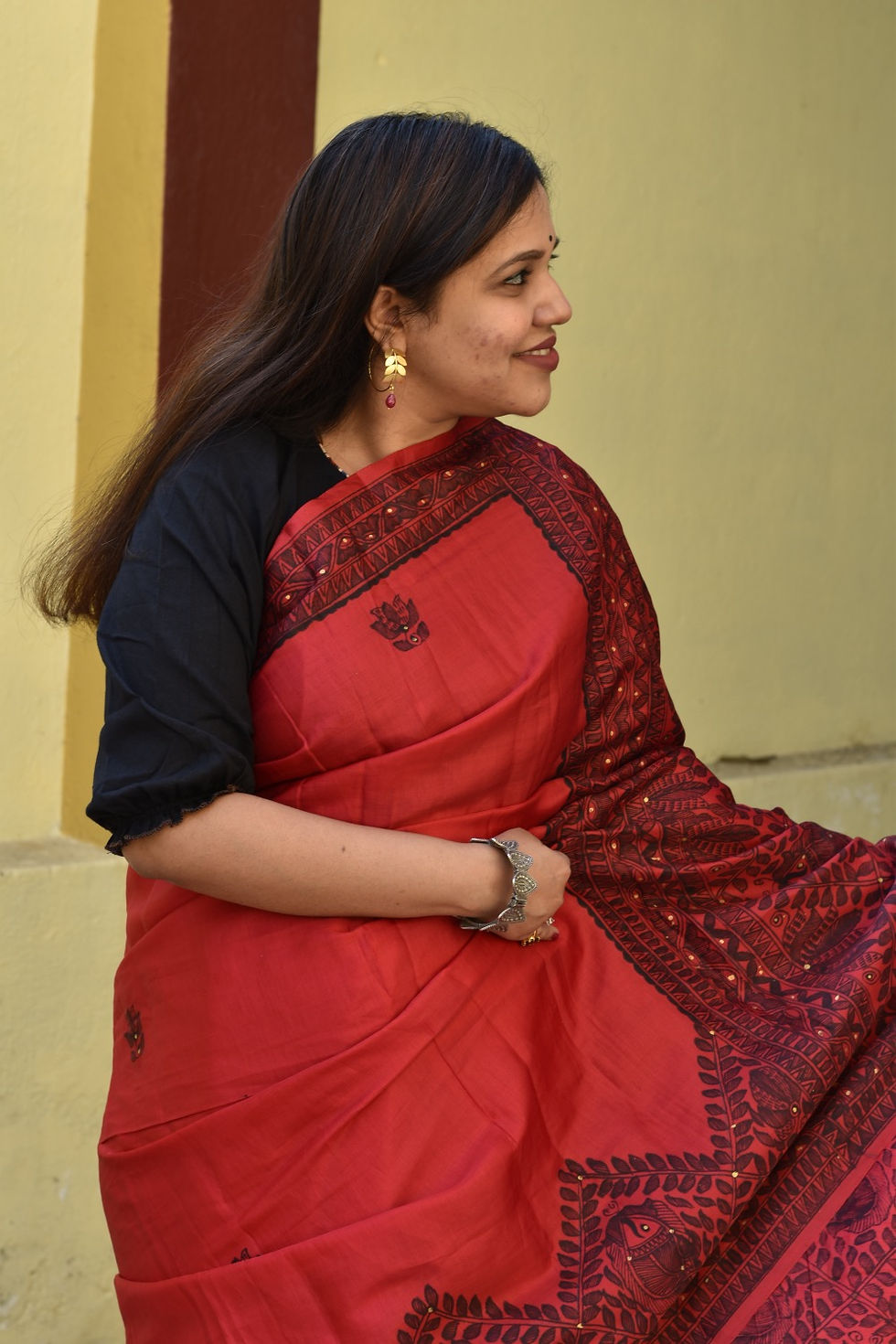 Thumbnail: Sukoon : ‘Jhilmil’ Red Cotton Silk Saree with Black & Golden work