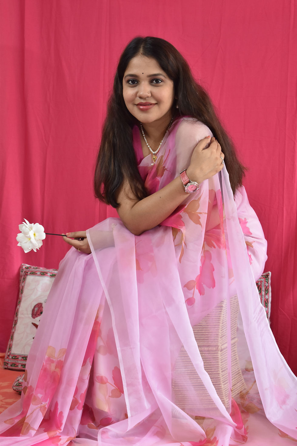 Thumbnail: Hello Spring : Tulip Pink Organza Saree with printed florals