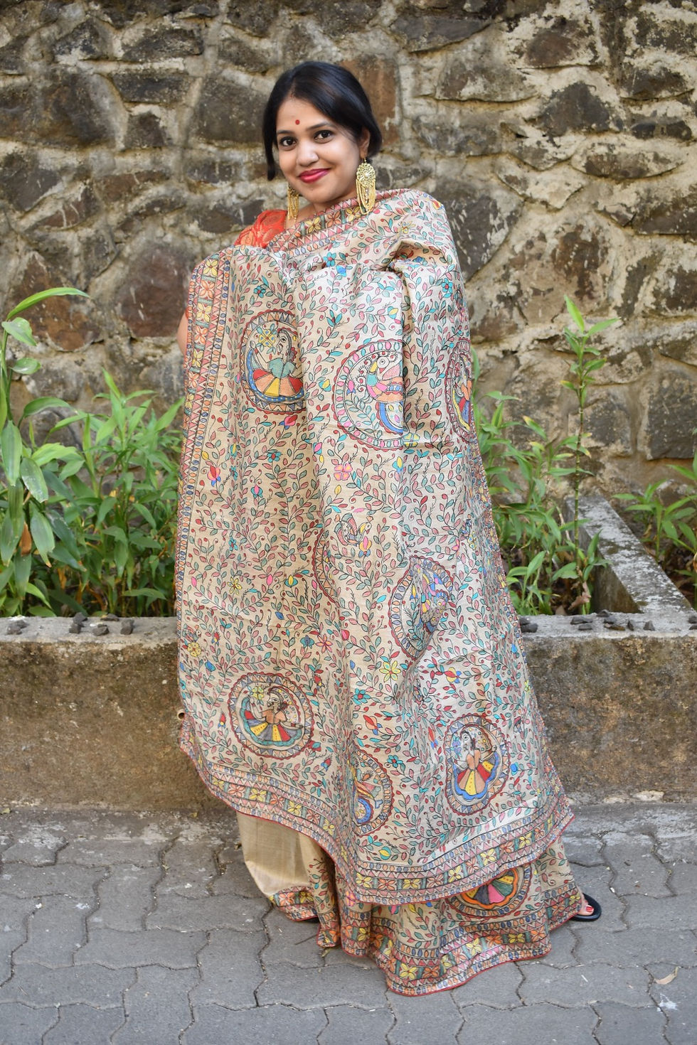 Thumbnail: Basant -Baag: Full Handpainted Tussar Silk Saree with Red Piping