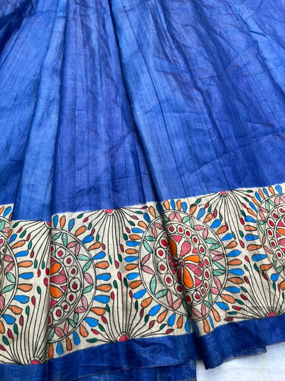 Thumbnail: Kohbar Blue Handpainted Madhubani Tussar silk saree