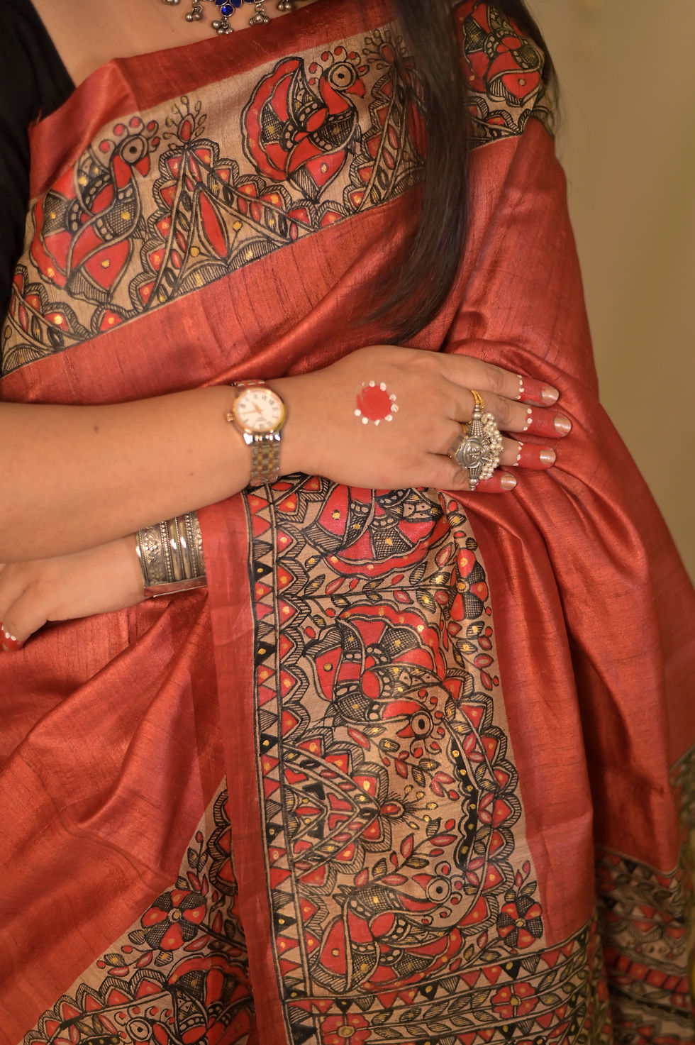 Thumbnail: Geetanjali ‘Sonar Mor’ Madhubani Handpainted Tussar Silk saree