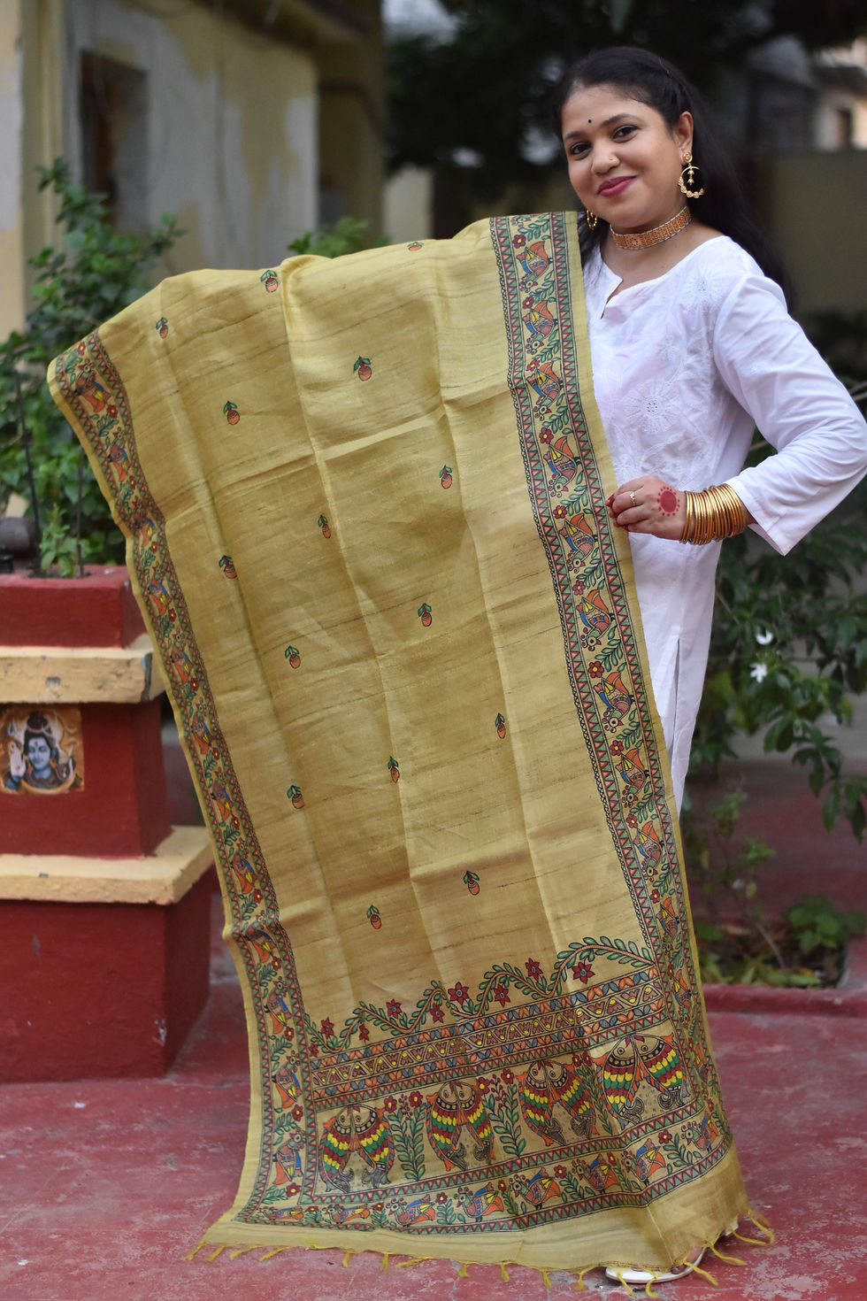 Thumbnail: Geetanjali Peeli Dhoop Handpainted Madhubani Tussar Silk Dupatta