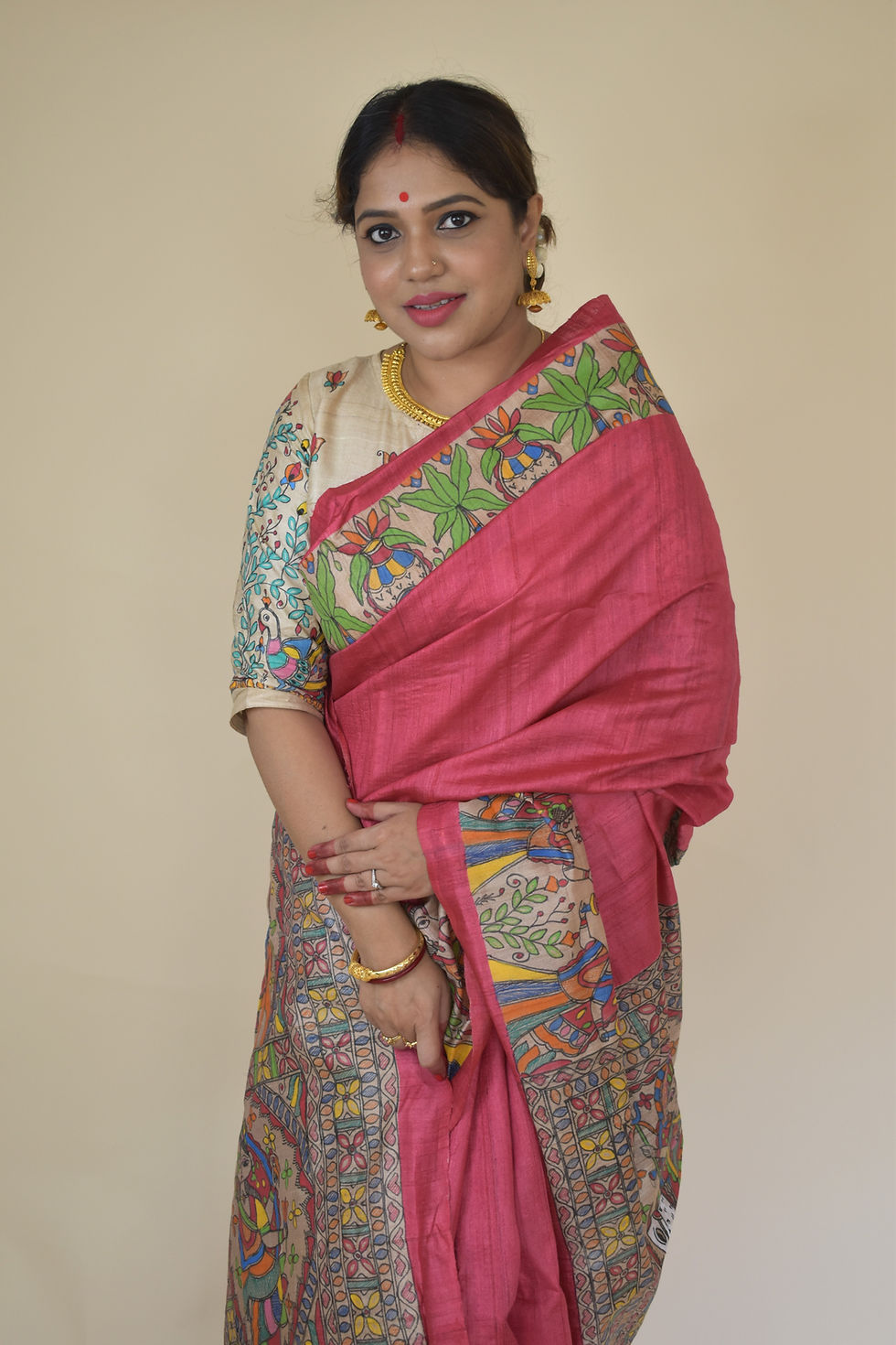 Thumbnail: Apraudha : Nav Durga handpainted Madhubani Tussar silk saree with 9 avatar of Ma