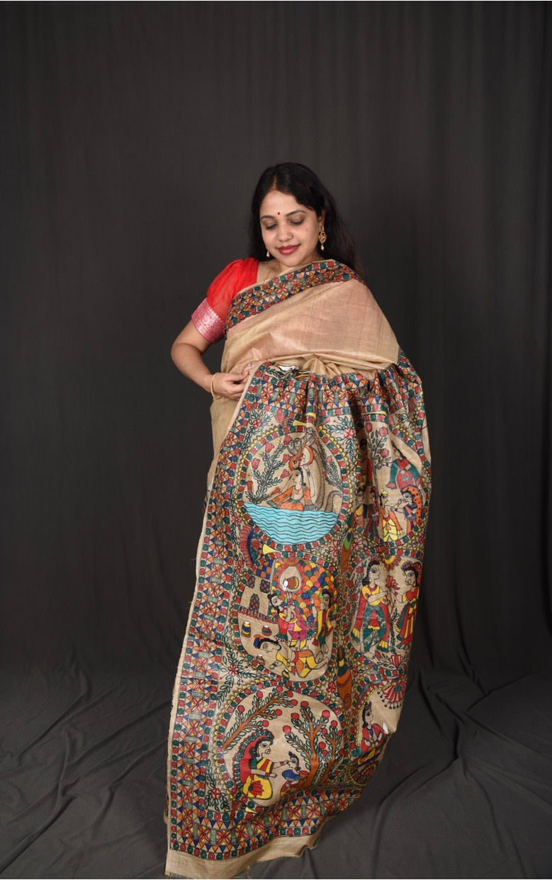 Thumbnail: ‘Krishna Katha’ Handpainted Madhubani Pure Tussar Silk Saree