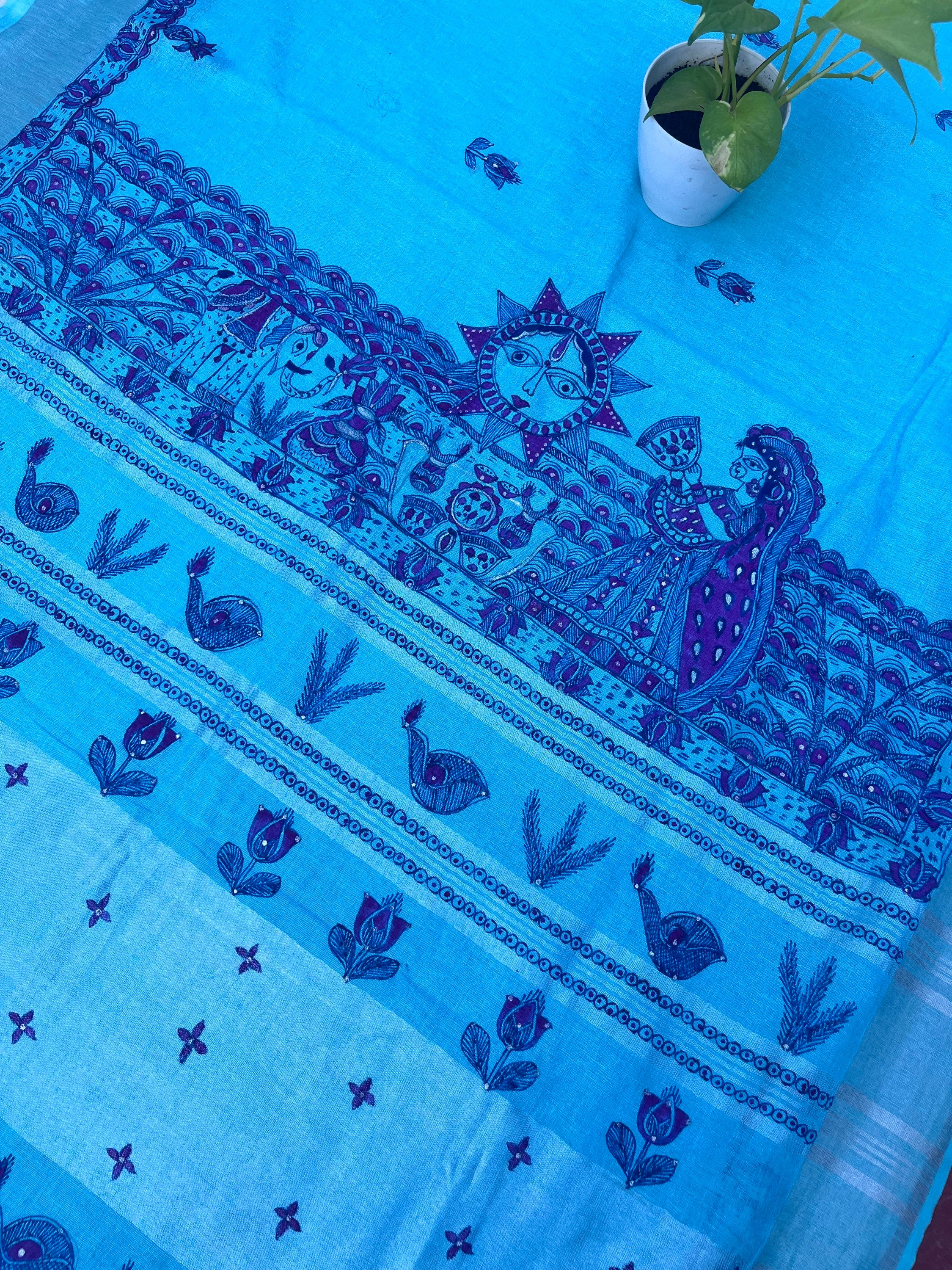 Varuna : Handpainted Chhath Puja Madhubani Linen saree