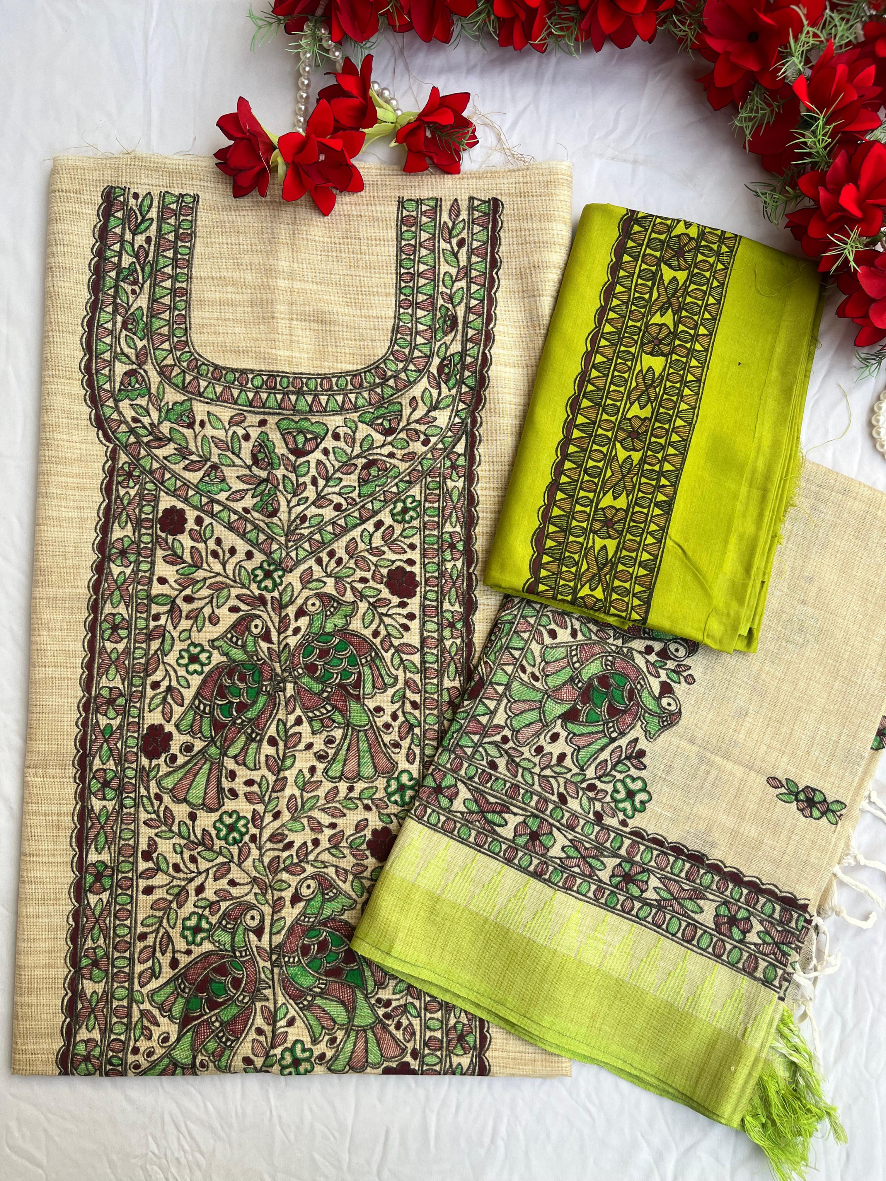 Geetanjali Handpainted Madhubani Khadi Cotton Suit Set 