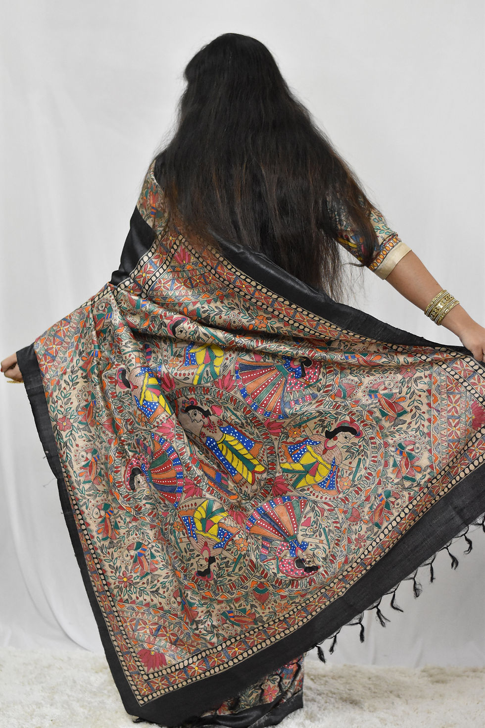 Thumbnail: Dandiya Design Handpainted Madhubani Tussar Silk Saree