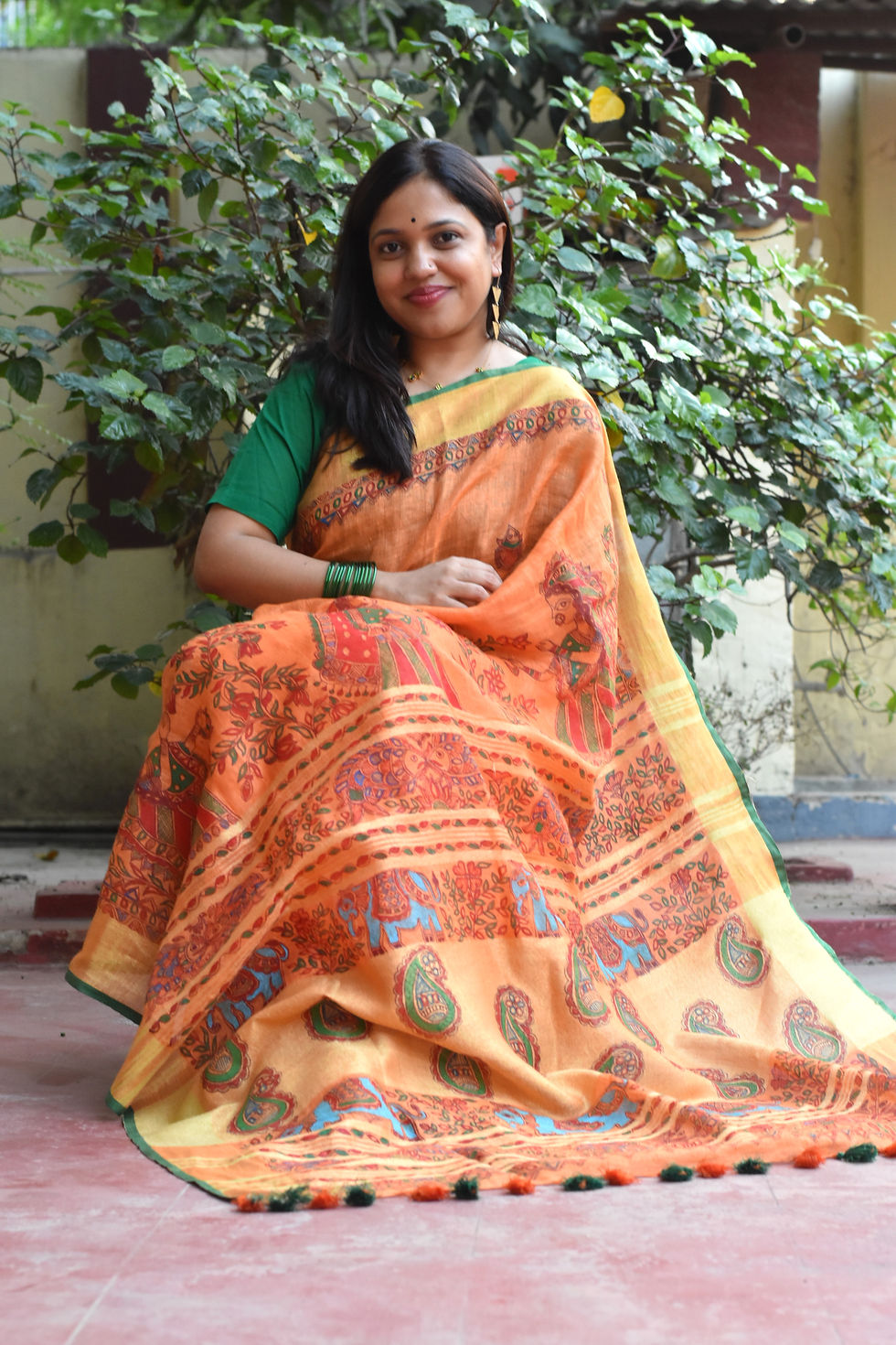 Thumbnail: Kesariya Handpainted Madhubani Linen Saree