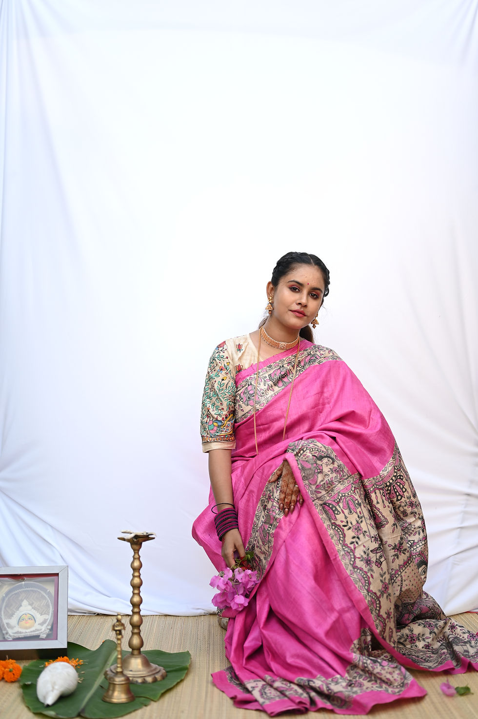 Thumbnail: Sarvamangla :Maa Durga Handpainted Madhubani Tussar silk saree with 9 avartars