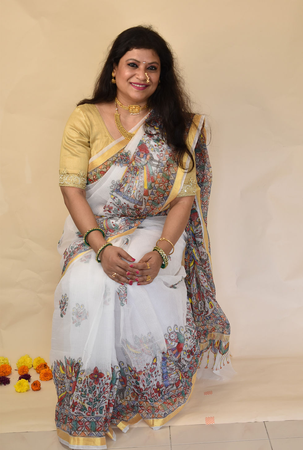 Thumbnail: Snow White : Handpainted Madhubani 'Mayur Leela' Cotton Kota Doria Saree