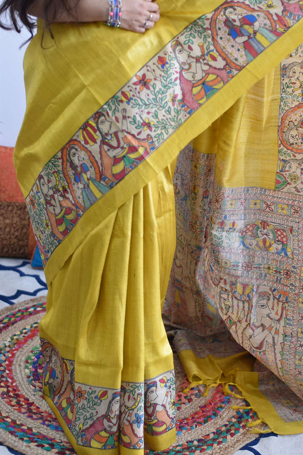Thumbnail: Vivah - Band, Baaza, Baraat handpainted, Madhubani Yellow Tussar Silk Saree
