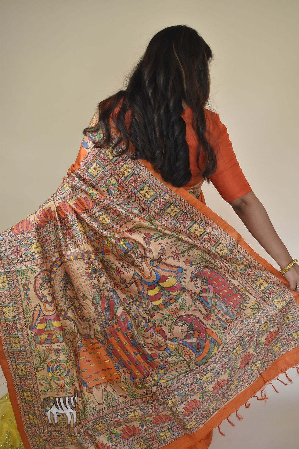 Thumbnail: Kushmanda: Shiv, Parvati,Karthikeya, Ganesha handpainted tussar silk saree